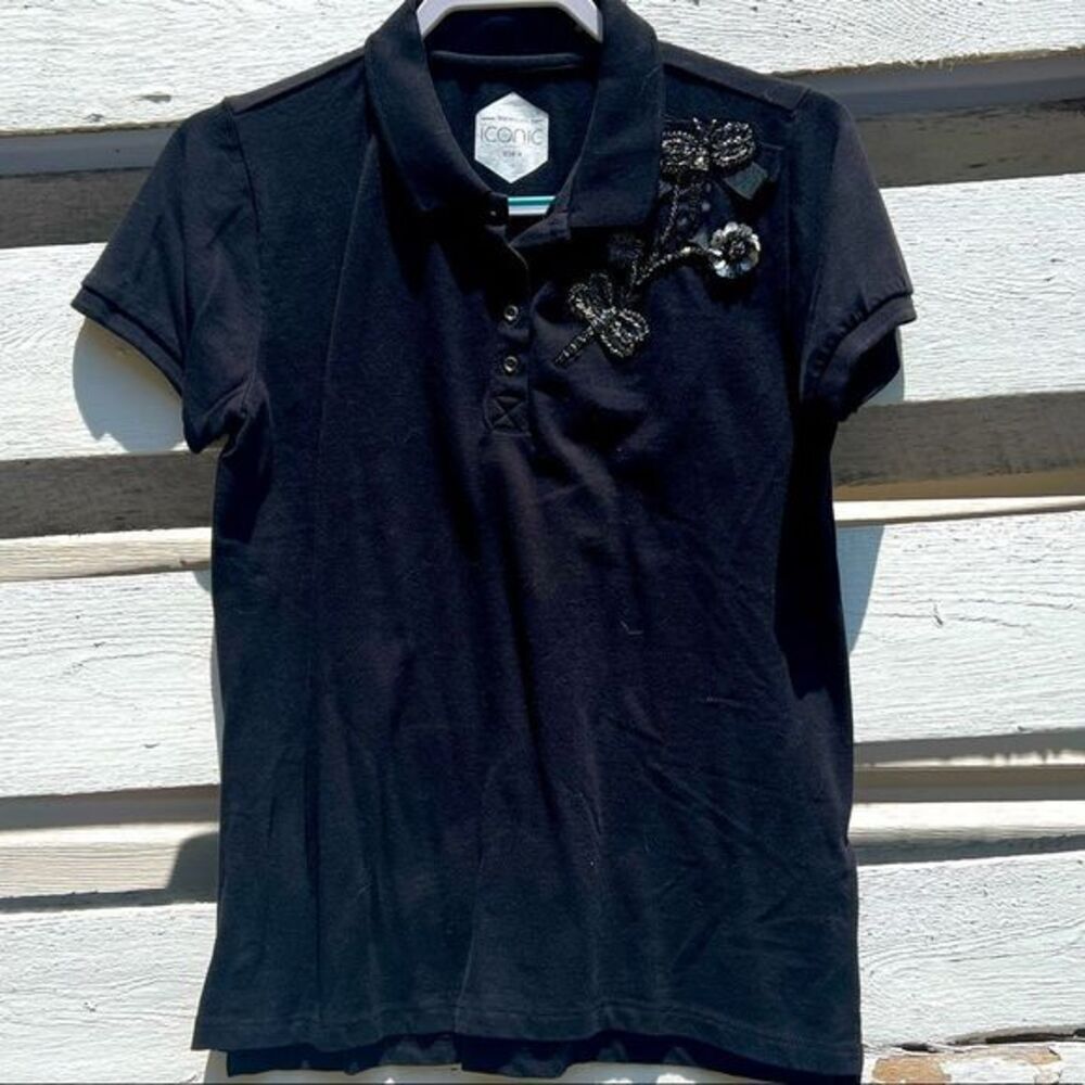 Black Embellished Oversized Golf Tee - Polo Shirt